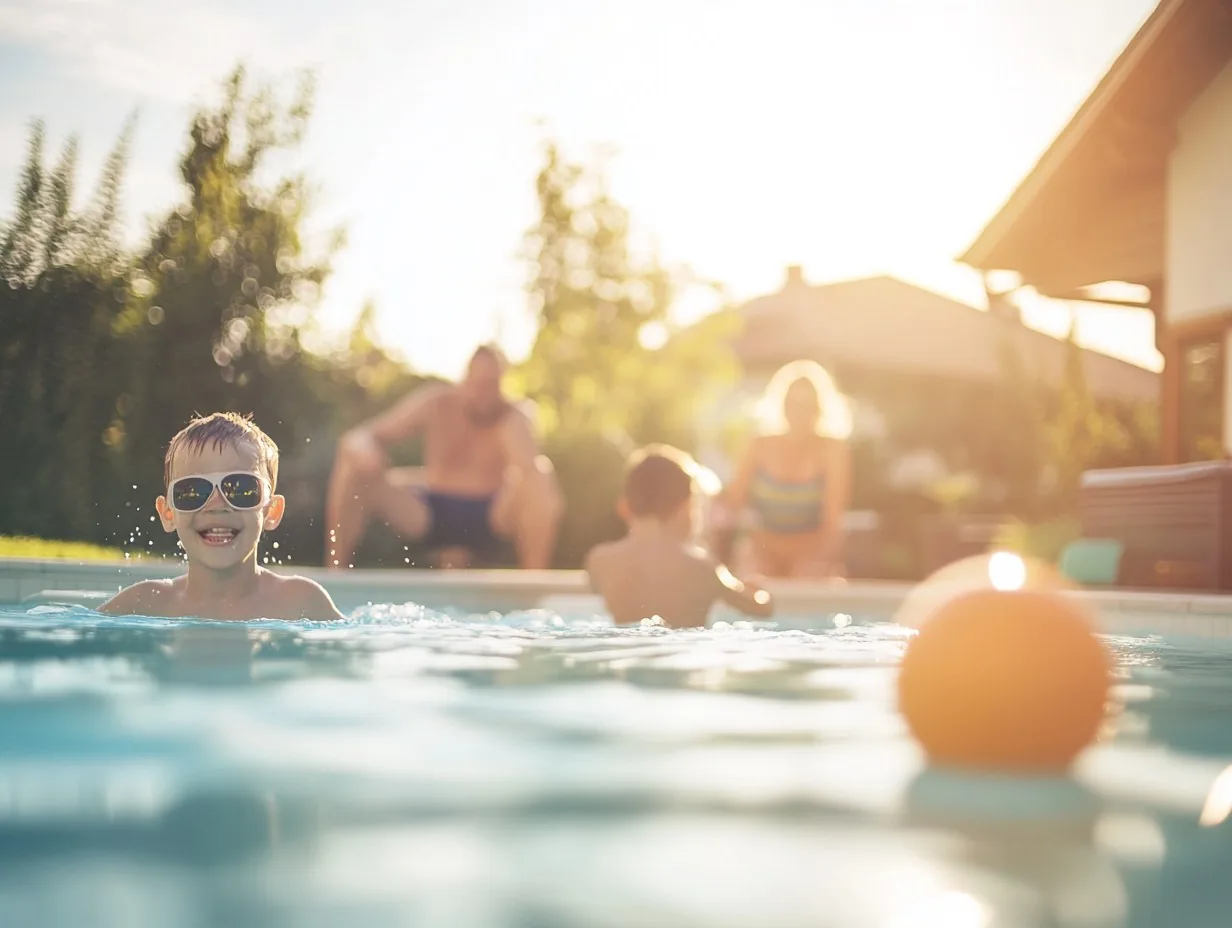 Family enjoying a custom swimming pool built by Fine Finish Builders in Ventura County